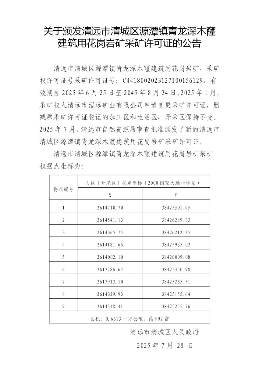 附件3.關(guān)于頒發(fā)清遠(yuǎn)市清城區(qū)源潭鎮(zhèn)青龍深木窿建筑用花崗巖礦采礦許可證的公告.jpg